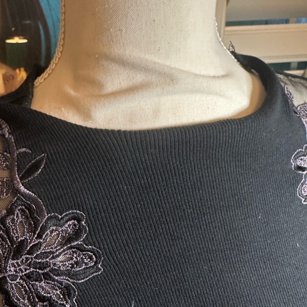 Free People Daniella Black Sweater with Mesh Embroidered Shoulders • S - Picture 7 of 15